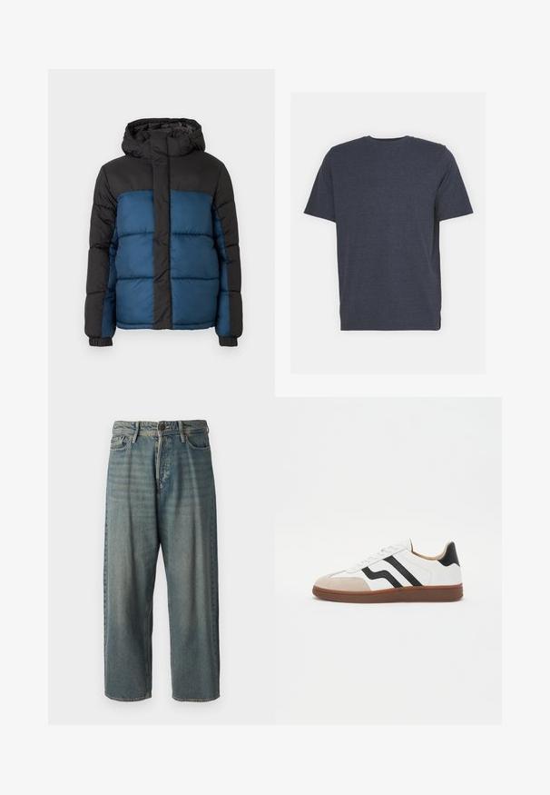 Padded jacket with a black hood and upper section, featuring a blue lower section. The design includes horizontal stitched panels and elastic cuffs.; Navy blue crew neck t-shirt made of soft cotton blend fabric, with short sleeves and a regular fit. No visible patterns or accents.; Light blue denim jeans with a loose fit, mid-rise waist, and straight legs. Features five pockets, belt loops, and a button closure.; White sneaker with black stripe accents, suede toe cap, and brown rubber sole. Smooth leather upper with a rounded design.