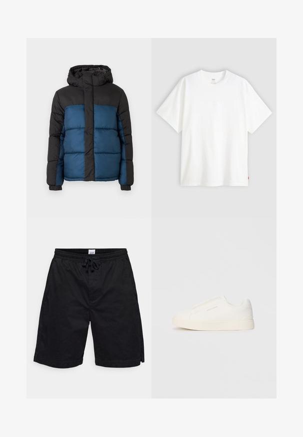 Vadderad jacka med svart huva och överdel, som har en blå nederdel. Designen inkluderar horisontella sydda paneler och elastiska manschetter.; Vit kortärmad t-shirt i bomull med rund halsringning. Har en subtil präglad logotypdetalj framtill och en röd etikett vid fållen.; Svarta shorts gjorda av lättviktsmaterial med elastisk midja, justerbar dragsko och sidofickor, med en enkel och ren design.; Vita slip-on sneakers med en texturerad yta, en tjock sula och minimalistisk design. Har varumärkeslogotypen på sidan.