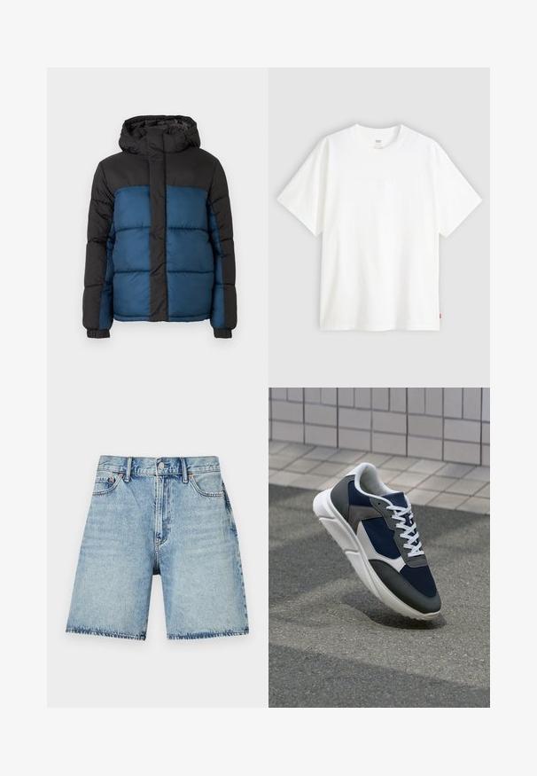 Párnázott kabát fekete kapucnival és felső résszel, kék alsó résszel. A dizájn vízszintesen varrott panelekből és elasztikus mandzsettákból áll.; Fehér, rövid ujjú pamut póló, kerek nyakkivágással. Az elülső részen finom, domború logós részlet található, valamint egy piros cimke az alsó szegélyen.; Világoskék farmer rövidnadrág egyenes szabással, öt zsebbel és látható varrásokkal. Elöl gombos záródás jellemzi.; Cipő, amelynek sötétkék hálós felsőrésze, szürke velúr díszítései, fehér gumitalpa és lapos fehér fűzője van, a kényelem és a légáteresztő képesség érdekében tervezve.