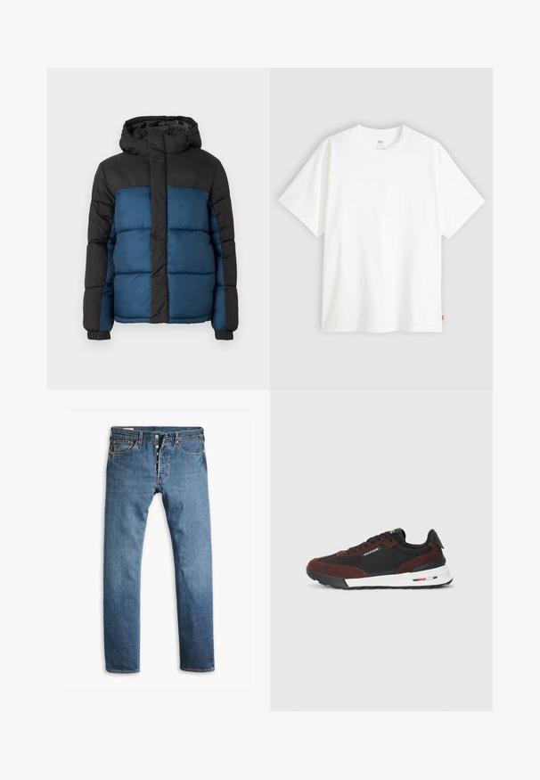 Vaatteet takki, jossa on musta huppu ja yläosa, sekä sininen alaosa. Suunnittelussa on vaakasuoria ommeltuja paneeleita ja joustavat hihansuut.; Valkoinen lyhythihainen t-paita, joka on valmistettu puuvillasta ja jossa on pyöreä pääntie. Etupuolella on hienovarainen kohokuvioitu logo ja helmassa punainen etiketti.; Siniset farkut, joissa on suora lahje, napillinen sulku, viisi taskua ja hillitty haalistunut pinta.; Tommy Hilfiger RETRO RUNNER MIX - Matalavartiset tennarit - black/cocoa