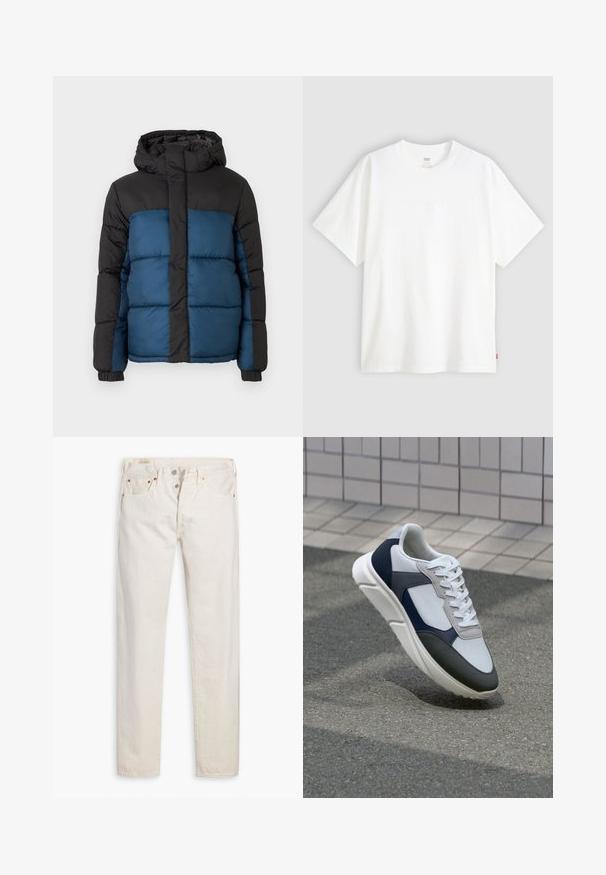Paminkštintas švarkas su juodu gobtuvu ir viršutine dalimi, pasižymintis mėlyna apatine dalimi. Dizainą sudaro horizontalūs siuvimo segmentai ir elastiniai rankogaliai.; Baltas trumpas rankovės marškinėlis, pagamintas iš medvilnės, su apvalia iškirpte. Priekyje yra subtilus iškilus logotipas ir raudonas etiketas ant apačios.; Off-white aukštos juosmens siauri džinsai su sagčių užsegimu, penkiomis kišenėmis ir variniais išvaržais, išdėstyti ant balto fono.; Baltos, tamsiai mėlynos ir pilkos sportbačiai su mišriomis medžiagomis, turintys tekstūruotą viršutinę dalį, plokščius raištelius ir paminkštintą pado dalį.