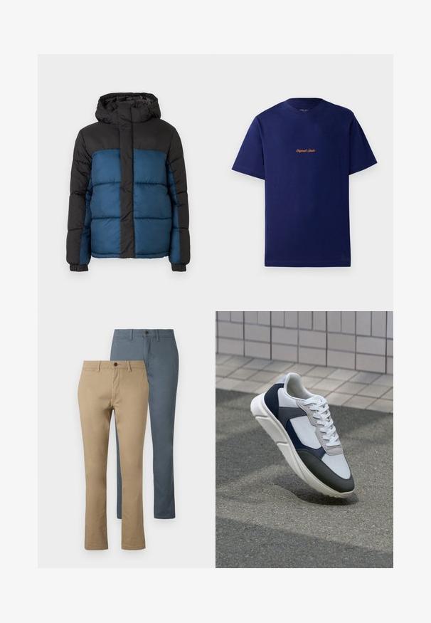 Polstret jakke med en sort hætte og øverste sektion, prydet med en blå nederste sektion. Designet inkluderer horisontalt syede paneler og elastiske manchetter.; Mørkeblå bomulds t-shirt med korte ærmer. Har et lille, orange broderet logo på brystet. Klassisk crew neck design.; To par lige bukser: én i kaki og én i mørkeblå. Lavet af bomuld; har en talje og knaplukning.; Hvide, marineblå og grå sneakers med et design i blandede materialer, der har en tekstureret overdel, flade snørebånd og en polstret sål.