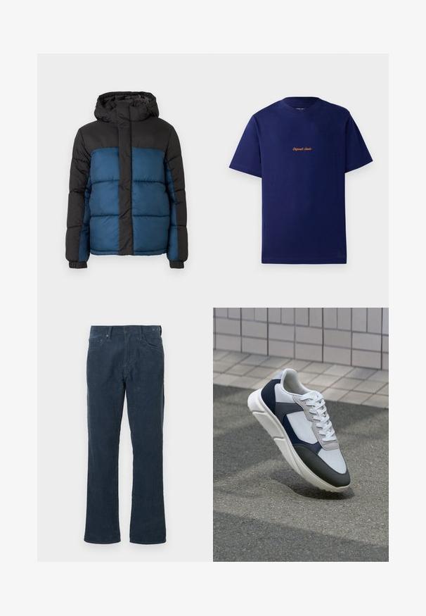 Vadderad jacka med svart huva och överdel, som har en blå nederdel. Designen inkluderar horisontella sydda paneler och elastiska manschetter.; Marinblå bomull t-shirt med korta ärmar. Har en liten, orange broderad logo på bröstet. Klassisk rundhalsdesign.; Mörkblå kordfläskbyxor med rak bendesign, som har framfickor, knapprygg och subtil ribbad textur.; Vit, marinblå och grå sneaker med en blandad materialdesign, som har ett texturerat ovandel, platta snören och en vadderad sula.