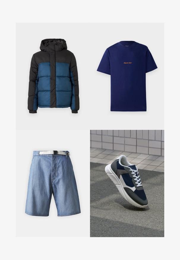 Πλυμένο μπουφάν με μαύρη κουκούλα και ανώτερο τμήμα, που διαθέτει μπλε κάτω τμήμα. Ο σχεδιασμός περιλαμβάνει οριζόντιες ραμμένες πάνελ και ελαστικούς καρπούς.; Σκούρο μπλε βαμβακερό t-shirt με κοντά μανίκια. Διαθέτει ένα μικρό, πορτοκαλί κεντητό λογότυπο στο στήθος. Κλασικός σχεδιασμός στρογγυλής λαιμόκοψης.; Τζιν σορτσάκια σε ανοιχτό μπλε, με ζώνη λευκού χρώματος και μαύρη ατσάλινη πόρπη, με ραφές και άνετη εφαρμογή.; Αθλητικά παπούτσια με επάνω μέρος από ναυτικό μπλε διχτυωτό ύφασμα, γκρι σουέτ λεπτομέρειες, λευκή καουτσούκ σόλα και επίπεδα λευκά κορδόνια, σχεδιασμένα για άνεση και αερισμό.