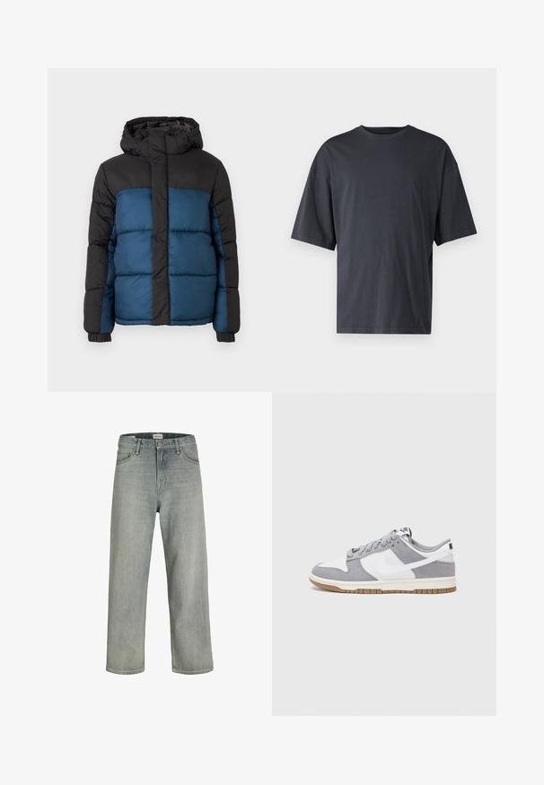 Padded jacket with a black hood and upper section, featuring a blue lower section. The design includes horizontal stitched panels and elastic cuffs.; Dark gray short-sleeve t-shirt made of lightweight cotton, featuring a loose fit and classic crew neckline, with plain texture and no patterns.; Light gray, loose-fitting jeans made of denim. Features a classic five-pocket design, belt loops, and a straight leg silhouette.; Gray and white sneaker with a suede and leather upper, rounded toe, flat laces, and a rubber sole featuring a gum accent.