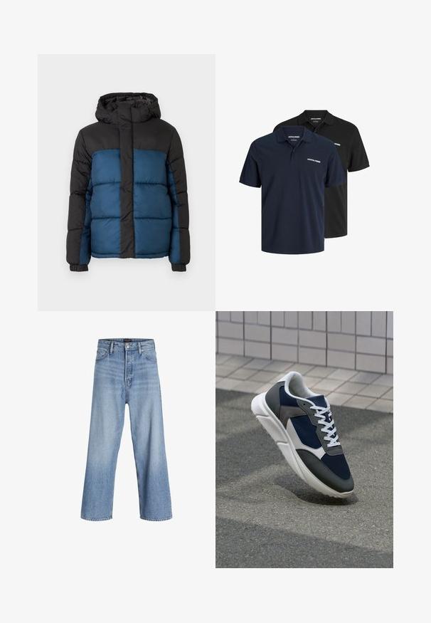 Padded jacket with a black hood and upper section, featuring a blue lower section. The design includes horizontal stitched panels and elastic cuffs.; Two polo shirts: one navy with white logo and one black. Both feature a classic collar and short sleeves, made from lightweight fabric.; Light blue denim wide-leg jeans with a high waist, featuring a button fly, five-pocket design, and subtle fading. Clean hem finishes.; Sneaker featuring a navy blue mesh upper, gray suede accents, white rubber sole, and flat white laces, designed for comfort and breathability.