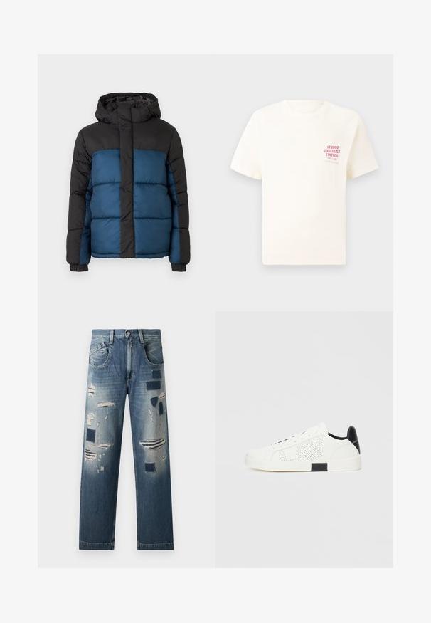 Padded jakna s crnom kapuljačom i gornjim delom, sa plavim donjim delom. Dizajn uključuje horizontalne šivane panele i elastične manžete.; Bijela kratka majica s kratkim rukavima s crvenim natpisom "Studio Originals Edition" na lijevoj strani grudi, prikazana na neutralnoj sivoj pozadini.; Traperice s izrezanim zakrpama i različitim nijansama plave, s ravnim nogavicama i tradicionalnim pet džepova.; Bijele tenisice s perforiranim dizajnom, crnim naglaskom na peti i bijelim gumiranim potplatom. Imaju vezice i logo sa strane. Glatka kožna tekstura.