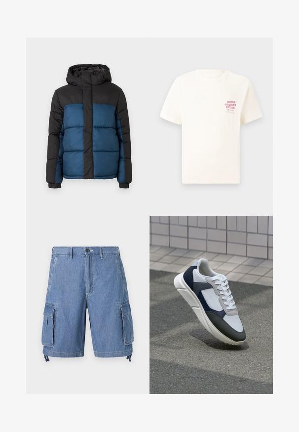 Padded jacket s čiernou kapucňou a hornou časťou, s modrou spodnou časťou. Dizajn obsahuje horizontálne prešité panely a elastické manžety.; Biele tričko s krátkym rukávom s červeným textom "Studio Originals Edition" na ľavej hrudi, zobrazené na neutrálnom šedom pozadí.; Modré džínové cargo šortky s gombíkovým zapínaním, dvoma prednými vreckami a dvoma veľkými bočnými vreckami s klopou. Obsahujú nastaviteľné šnúrky na spodnom leme.; Biele, námornícke a šedé tenisky s kombinovaným materiálom, so štruktúrovaným zvrškom, plochými šnúrkami a polstrovanou podošvou.