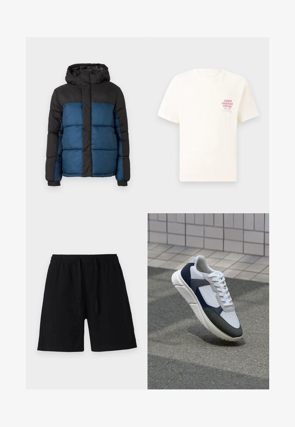 Polstret jakke med en sort hætte og øverste sektion, prydet med en blå nederste sektion. Designet inkluderer horisontalt syede paneler og elastiske manchetter.; Hvid kortermet T-shirt med rød tekst "Studio Originals Edition" på venstre bryst, vist på en neutral grå baggrund.; Sorte shorts lavet af letvægtsmateriale med elastisk talje og snor. Har en afslappet pasform og ingen synlige lommer.; Hvide, marineblå og grå sneakers med et design i blandede materialer, der har en tekstureret overdel, flade snørebånd og en polstret sål.