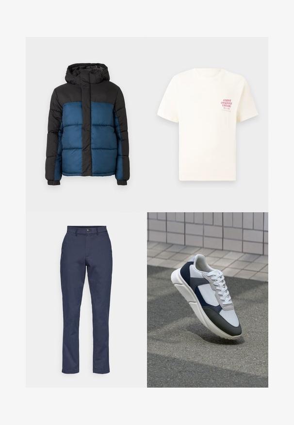 Casaco acolchoado com capuz preto e parte superior, apresentando uma parte inferior azul. O design inclui painéis horizontais acolchoados e punhos elásticos.; T-shirt branca de mangas curtas com o texto vermelho "Edição Originais do Estúdio" no lado esquerdo do peito, apresentada sobre um fundo cinza neutro.; Calças azul-marinho feitas de tecido suave, com um design de perna straight, fecho com botão na frente e bolsos padrão dos lados.; Sapatilhas brancas, azuis-marinho e cinzas com um design de materiais mistos, apresentando uma parte superior texturizada, atacadores planos e uma sola acolchoada.