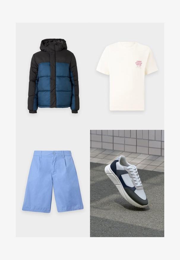 Veste matelassée avec une capuche noire et une partie supérieure noire, dotée d'une partie inférieure bleue. Le design comprend des panneaux cousus horizontalement et des poignets élastiques.; T-shirt blanc à manches courtes avec le texte rouge "Édition Originals du Studio" sur la poitrine gauche, présenté sur un fond gris neutre.; Shorts en coton bleu clair avec une taille plate, deux poches latérales et une fermeture à un bouton. Dotés d'une texture lisse et de jambes droites.; Baskets blanches, bleu marine et grises avec un design en matériaux mélangés, présentant une tige texturée, des lacets plats et une semelle rembourrée.