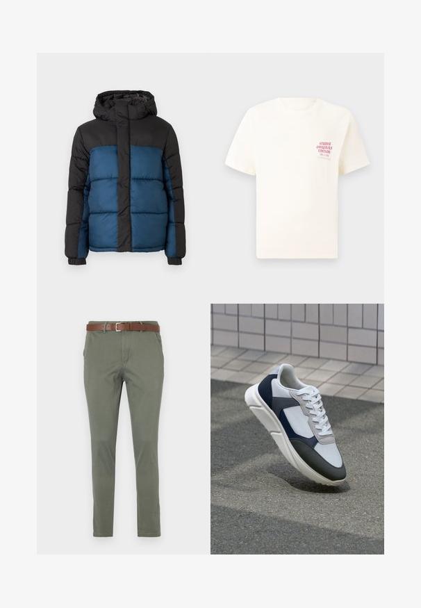 Veste matelassée avec une capuche noire et une partie supérieure noire, dotée d'une partie inférieure bleue. Le design comprend des panneaux cousus horizontalement et des poignets élastiques.; T-shirt blanc à manches courtes avec le texte rouge "Édition Originals du Studio" sur la poitrine gauche, présenté sur un fond gris neutre.; Chinos vert olive avec une coupe droite, dotés d'une ceinture en cuir marron, de poches latérales et d'un tissu légèrement texturé.; Baskets blanches, bleu marine et grises avec un design en matériaux mélangés, présentant une tige texturée, des lacets plats et une semelle rembourrée.