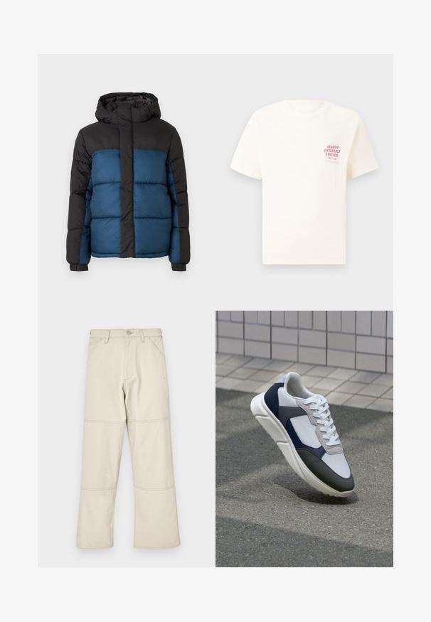 Polstret jakke med en sort hætte og øverste sektion, prydet med en blå nederste sektion. Designet inkluderer horisontalt syede paneler og elastiske manchetter.; Hvid kortermet T-shirt med rød tekst "Studio Originals Edition" på venstre bryst, vist på en neutral grå baggrund.; Beige wide-leg jeans lavet af bomuld med en glat tekstur, der har tredobbelt syning på sømmene og fem lommer inklusive en møntlomme.; Hvide, marineblå og grå sneakers med et design i blandede materialer, der har en tekstureret overdel, flade snørebånd og en polstret sål.