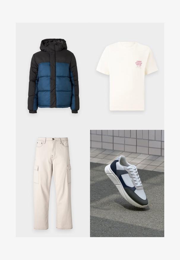 Párnázott kabát fekete kapucnival és felső résszel, kék alsó résszel. A dizájn vízszintesen varrott panelekből és elasztikus mandzsettákból áll.; Fehér, rövid ujjú póló, bal mellen piros szöveggel "Studio Originals Edition", semleges szürke háttér előtt.; Beige pamut cargo nadrág, két oldalsó zsebbel, egyenes szárú kialakítással és kontrasztos varrási részletekkel.; Fehér, tengerészkék és szürke sneaker vegyes anyagokból készült dizájnnal, amely textúrázott felsőrésszel, lapos fűzőkkel és párnázott talppal rendelkezik.