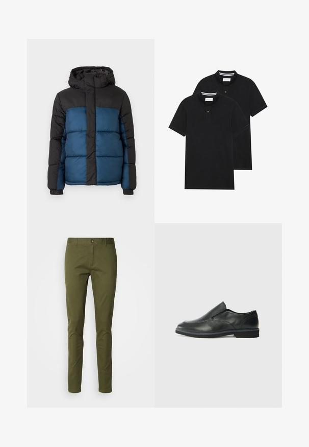 Paminkštintas švarkas su juodu gobtuvu ir viršutine dalimi, pasižymintis mėlyna apatine dalimi. Dizainą sudaro horizontalūs siuvimo segmentai ir elastiniai rankogaliai.; Du žaidimų juodos polo marškiniai, trumpomis rankovėmis, pagaminti iš medvilnės, su klasikinėmis apykaklėmis, dviem mygtukais priekyje ir baltais dryžiais apykaklės viduje.; Tamsiai žaliai chinos kelnės, pagamintos iš medvilnės mixtūros, tiesaus kirpimo, su užtrauktuku ir priekinių kišenių. Lygi tekstūra su minimaliu dekoravimu.; Juodai odiniai įtvirtinimo batai su lygiu paviršiumi, siuvinėjimo akcentais, apvalia nosimi ir žemu guminiu kulnu. Pado raštas minimalus.