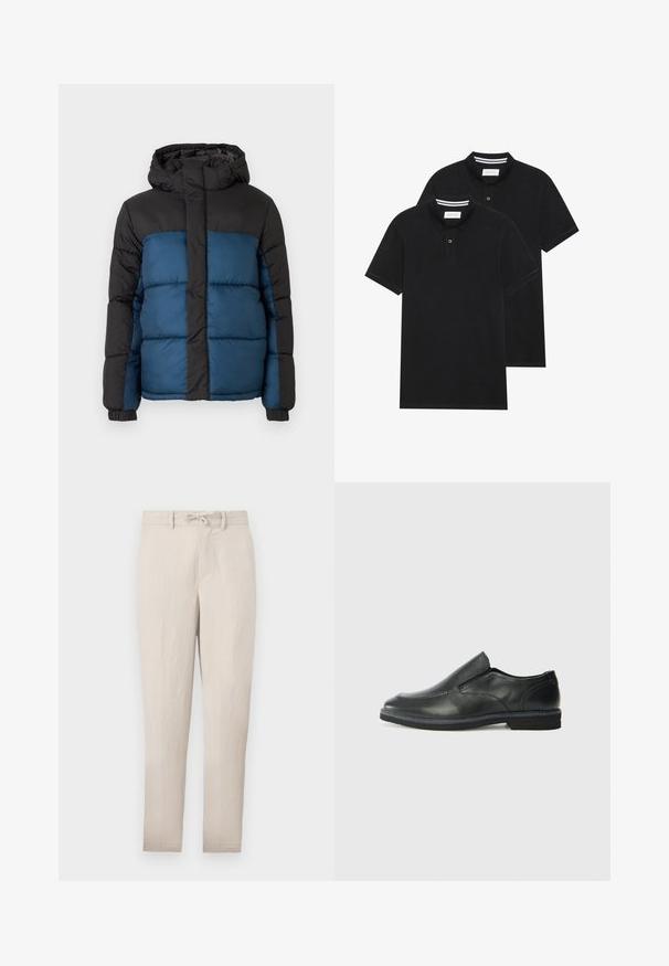 Padded jacket with a black hood and upper section, featuring a blue lower section. The design includes horizontal stitched panels and elastic cuffs.; Two black polo shirts, short-sleeved, cotton material, featuring a classic collar, two-button placket, and white striped accents inside the collar.; Beige lightweight tapered trousers with a drawstring waist, flat front, and minimal wrinkles. Features belt loops and side pockets.; Black leather slip-on shoe with a smooth upper, stitched accents, rounded toe, and a low rubber heel. Sole features minimal tread.