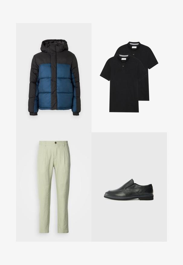 Podložena jakna s črno kapuco in zgornjim delom ter modrim spodnjim delom. Oblikovanje vključuje horizontalno šivane panele in elastične manšete.; Dve črne polo majice, kratke rokave, iz bombažnega materiala, z klasik ovratnikom, dvobodno zaponko in belimi črtkami znotraj ovratnika.; Svetlozeleni laneni hlače s ravnim krojem, z zapiranjem na gumb spredaj, dvema sprednjima žepoma in gladko teksturo.; Črne usnjene natikače z gladkim zgornjim delom, prišitimi detajli, zaobljenim nosom in nizkim gumijastim petkom. Podplat ima minimalen profil.