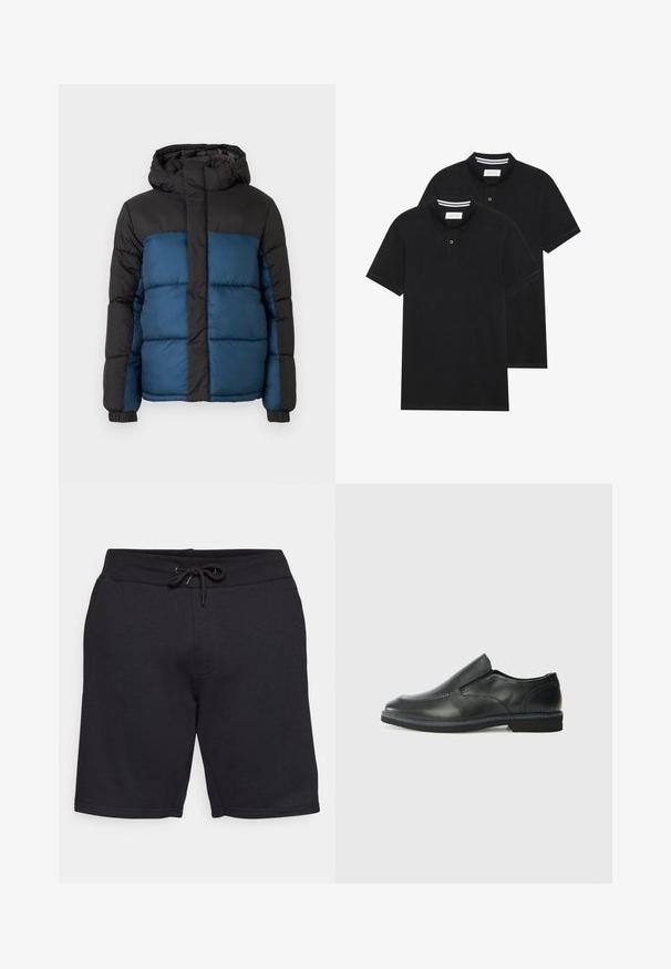 Gepolsterte Jacke mit schwarzer Kapuze und oberem Bereich, der einen blauen unteren Bereich hat. Das Design umfasst horizontal genähte Paneele und elastische Bündchen.; Zwei schwarze Polohemden, kurzärmlig, aus Baumwolle, mit einem klassischen Kragen, zwei Knöpfen und weißen Streifenakzenten im Inneren des Kragens.; Schwarze Baumwollshorts mit elastischem Bund und Kordelzug. Verfügt über Seitentaschen und eine glatte Textur mit genähten Nähten.; Schwarze Leder-Slipper mit glattem Obermaterial, gesteppten Akzenten, runder Zehenpartie und niedrigem Gummiabsatz. Die Sohle hat ein minimales Profil.