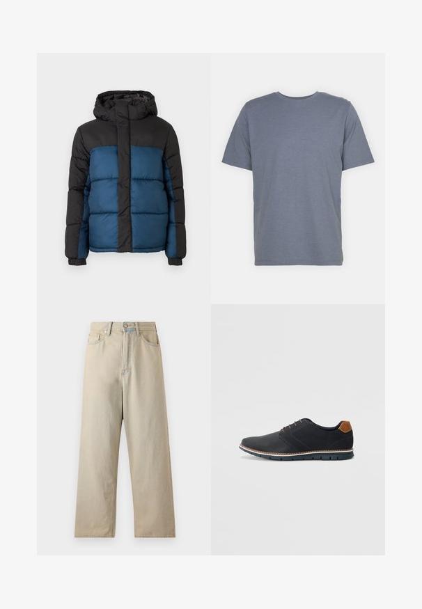 Casaco acolchoado com capuz preto e parte superior, apresentando uma parte inferior azul. O design inclui painéis horizontais acolchoados e punhos elásticos.; T-shirt cinza de manga curta com gola redonda, feita de um tecido suave em mistura de algodão. Design simples, sem padrões ou detalhes.; Jeans de perna larga bege claro com uma cintura alta, feitos de tecido de denim. Apresentam um estilo clássico de cinco bolsos e um desvanecimento subtil.; Sapatos sintéticos pretos com um upper texturizado, pormenores lisos, salto castanho e uma sola contrastante. Apresentam um sistema de atacadores mínimo e detalhes de costura.