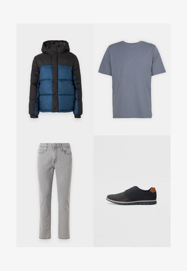 Casaco acolchoado com capuz preto e parte superior, apresentando uma parte inferior azul. O design inclui painéis horizontais acolchoados e punhos elásticos.; T-shirt cinza de manga curta com gola redonda, feita de um tecido suave em mistura de algodão. Design simples, sem padrões ou detalhes.; Jeans de denim cinza com corte reto, design de cinco bolsos, passadores para cinto e fecho frontal com botão. O tecido apresenta uma textura suave.; Sapatos sintéticos pretos com um upper texturizado, pormenores lisos, salto castanho e uma sola contrastante. Apresentam um sistema de atacadores mínimo e detalhes de costura.