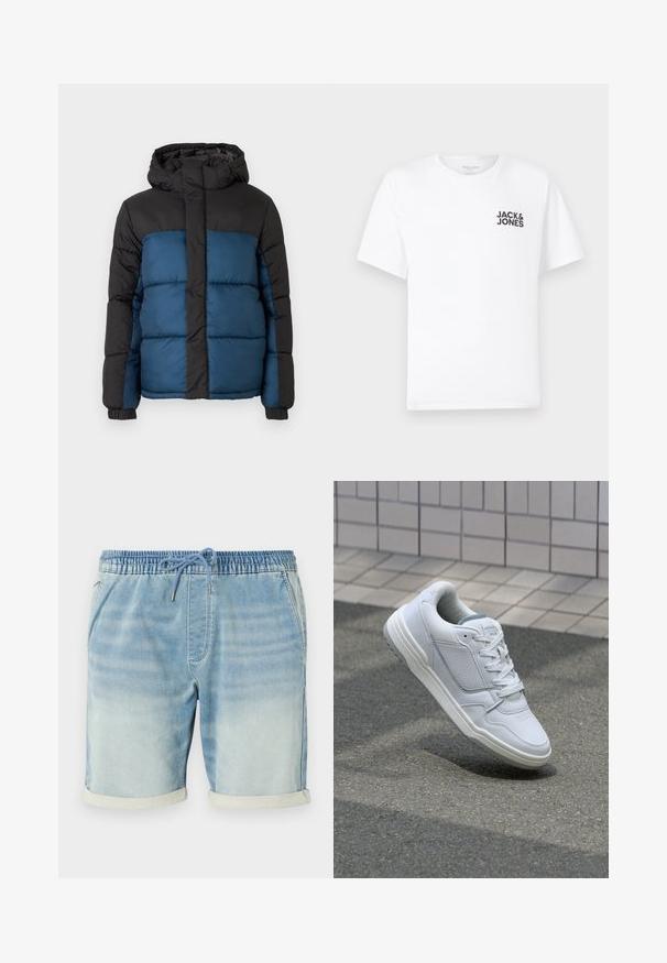 Chaqueta acolchada con capucha negra y sección superior, presentando una sección inferior azul. El diseño incluye paneles cosidos horizontalmente y puños elásticos.; Camiseta de algodón blanca, de manga corta, cuello redondo. Presenta el logo de texto en negro "JACK & JONES" en el área del pecho izquierdo. Diseño simple y liso.; Shorts de mezclilla azul claro con cinturilla elástica, cierre de cordón, bolsillos laterales y dobladillos enrollados. Textura suave.; Zapatilla blanca de cuero con lados perforados, acentos texturizados, cordones planos y un talón gris en contraste. Presenta una suela ligeramente elevada.