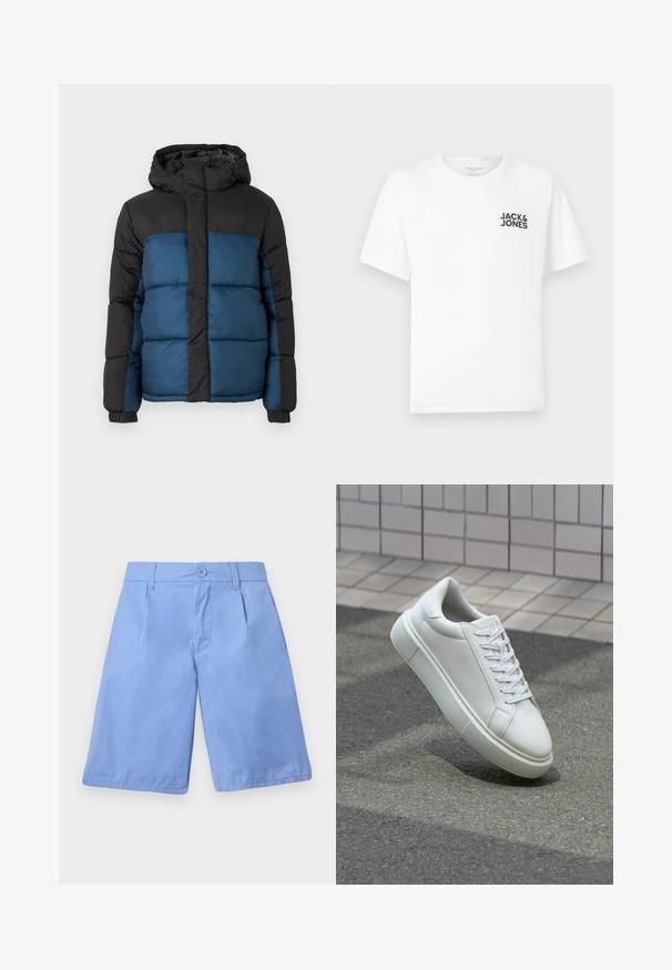 Padded jacket s čiernou kapucňou a hornou časťou, s modrou spodnou časťou. Dizajn obsahuje horizontálne prešité panely a elastické manžety.; Biely bavlnený tričko, krátke rukávy, klasický výstrih. Obsahuje čierny textový logotyp "JACK & JONES" na ľavej strane hrudníka. Jednoduchý, hladký dizajn.; Svetlomodré bavlnené šortky s plochým predným dielom, dvoma bočnými vreckami a jedným gombíkom na zapínanie. Majú hladkú textúru a rovné nohavice.; Biele kožené tenisky s hladkým povrchom, okrúhlym špičkou a plochými bielymi šnúrkami. Obsahuje štruktúrovanú gumovú podrážku a minimalistický dizajn.
