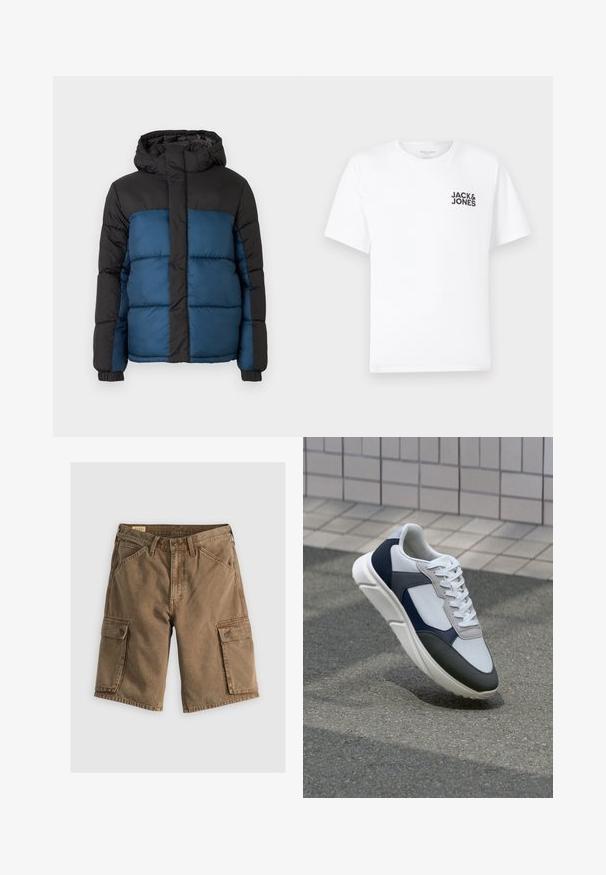 Gevoerde jas met een zwarte capuchon en bovenstuk, met een blauwe onderkant. Het ontwerp heeft horizontaal gestikte panelen en elastische manchetten.; Witte katoenen t-shirt, korte mouwen, ronde hals. Kenmerkt zich door het zwarte tekstlogo "JACK & JONES" op de linkerkant van de borst. Eenvoudig, strak ontwerp.; Bruine cargo shorts gemaakt van katoen, met twee zijzakken met kleppen, een knoopsluiting in de taille en een ontspannen pasvorm. Soepele textuur.; Witte, marineblauwe en grijze sneaker met een gemengde materiaald ontwerp, met een gestructureerde bovenkant, platte veters en een gevoerde zool.