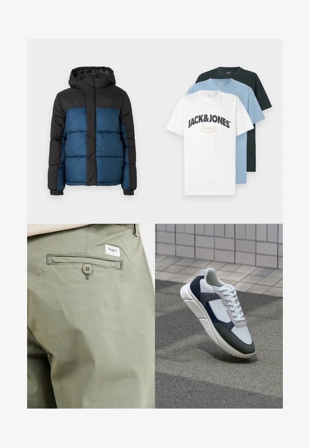 Paminkštintas švarkas su juodu gobtuvu ir viršutine dalimi, pasižymintis mėlyna apatine dalimi. Dizainą sudaro horizontalūs siuvimo segmentai ir elastiniai rankogaliai.; Trys sulankstytos trumpomis rankovėmis marškinėliai su apvalia iškirpte: balti su Jack & Jones logotipu, šviesiai mėlyni ir juodi, sukrauti prieš baltą foną.; Šviesiai alyvuogių spalvos medvilninės kelnės su užpakaline kišene, pasižyminčios sagos uždarymu ir maža prekės ženklo etiketė, siuvinėta virš kišenės.; Baltos, tamsiai mėlynos ir pilkos sportbačiai su mišriomis medžiagomis, turintys tekstūruotą viršutinę dalį, plokščius raištelius ir paminkštintą pado dalį.