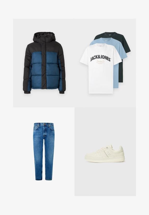Chaqueta acolchada con capucha negra y sección superior, presentando una sección inferior azul. El diseño incluye paneles cosidos horizontalmente y puños elásticos.; Tres camisetas de manga corta en blanco con el logotipo de Jack & Jones, azul claro y negro, apiladas sobre un fondo blanco.; Jeans de mezclilla azul con un corte recto, que presentan un cierre de botón, diseño de cinco bolsillos y un desvanecimiento sutil para agregar textura.; Zapatilla color crema con detalles perforados, cordones y logotipo en el lateral, exhibida sobre un fondo blanco liso.