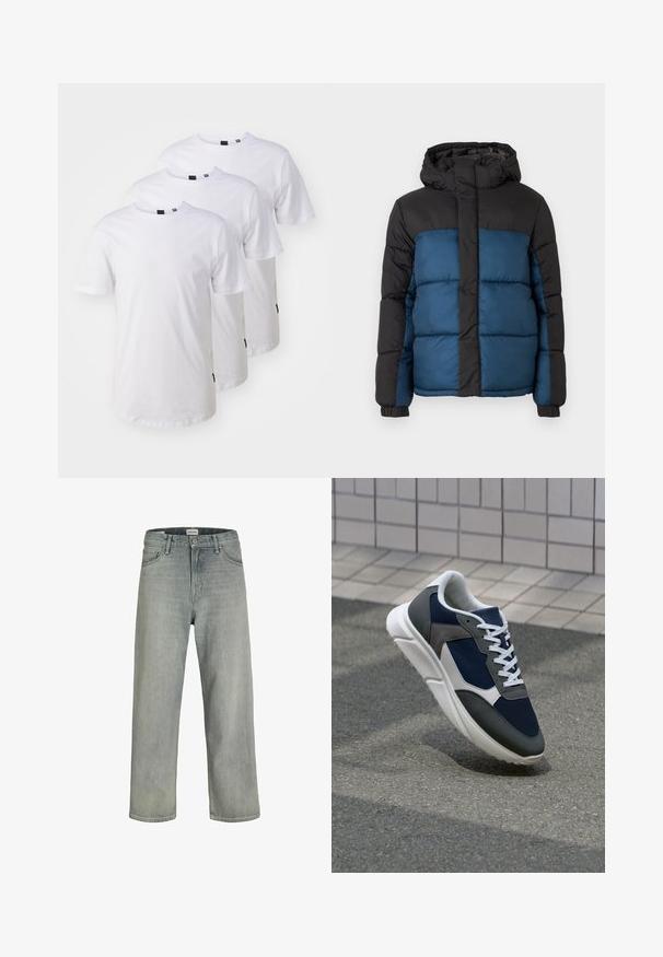 Padded jacket with a black hood and upper section, featuring a blue lower section. The design includes horizontal stitched panels and elastic cuffs.; Three plain white cotton t-shirts with short sleeves, round necklines, and black tags on the bottom hem. Classic fit and smooth texture.; Light gray, loose-fitting jeans made of denim. Features a classic five-pocket design, belt loops, and a straight leg silhouette.; Sneaker featuring a navy blue mesh upper, gray suede accents, white rubber sole, and flat white laces, designed for comfort and breathability.