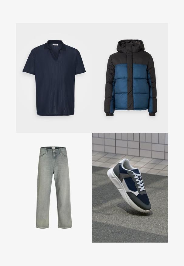 Giacca imbottita con cappuccio nero e parte superiore nera, caratterizzata da una parte inferiore blu. Il design include pannelli cuciti orizzontali e polsini elastici.; Polo shirt blu navy in un tessuto texturizzato e a costine, con un design a scollo a V e maniche corte. Il colletto classico arricchisce lo stile.; Jeans grigi chiaro, con vestibilità comoda, realizzati in denim. Presentano un classico design a cinque tasche, passanti per cintura e una silhouette a gamba dritta.; Sneaker con tomaia in rete blu navy, inserti in suede grigio, suola in gomma bianca e lacci bianchi piatti, progettata per comfort e traspirabilità.