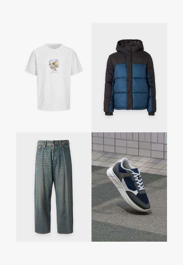 Podložena jakna s črno kapuco in zgornjim delom ter modrim spodnjim delom. Oblikovanje vključuje horizontalno šivane panele in elastične manšete.; Bela bomba majica iz bombaža s grafičnim tiskom, ki prikazuje različne sadeže in liste, modre in rjavkaste odtenke ter kratke rokave.; Svetlomoderne kavbojke z ohlapnim krojem, srednjim pasom in ravnimi nogami. Imajo pet žepov, zanke za pas in zapiranje na gumb.; Superge z zgornjim delom iz mrežaste tkanine v mornarsko modri barvi, sivi usnjeni poudarki, belo gumijasto podplato in ravnimi belimi vezalkami, zasnovane za udobje in zračnost.