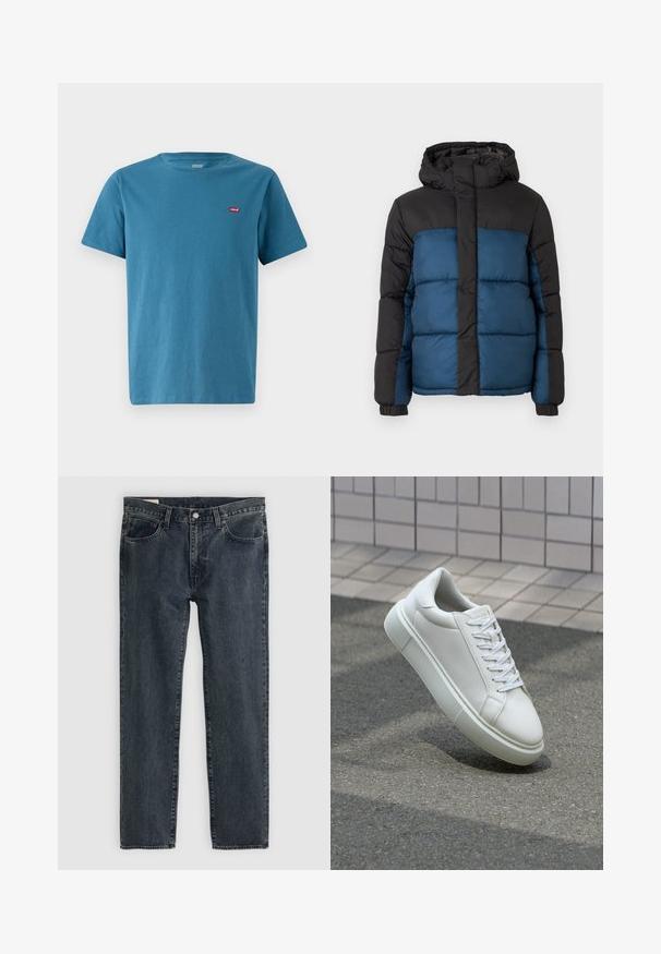 Pehmendatud jakker, millel on must kapuuts ja ülemine osa ning sinine alumine osa. Disain sisaldab horisontaalselt õmmeldud paneele ja elastseid varrukaid.; Lühikeste varrukatega sinine puuvillane T-särk ümmarguse kaelusega, millel on vasakul rinnal väike punane Levi'si logo. Sile tekstuur, klassikaline lõige.; Tumedat sinised teksapüksid sirge jalaga disainiga, viie taskuga ja nupuga sulgemine. Kanga peal on peenheledus ja tekstuur.; Valge nahkline sneka, millel on sile pind, ümar varvas ja lame valge pael. Omab tekstuuriga kummist talla ja minimaalset kujunduselementi.