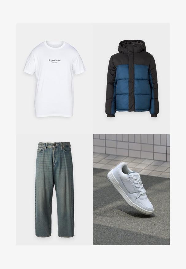 Polstret jakke med svart hette og øverste del, med en blånedre del. Designet inkluderer horisontale sømmer og elastiske mansjetter.; Hvitt bomullst skjorte med korte ermer. Har en svart trykt logo "Originals Studio" på fronten. Klassisk crew neck design.; Lyseblå denimjeans med løs passform, midjehøyde og rette ben. Har fem lommer, beltehemper og knappelukking.; Hvite lær sneakers med perforerte sider, teksturerte detaljer, flate lisser og en kontrasterende grå hæl. Har en lite hevet såle.