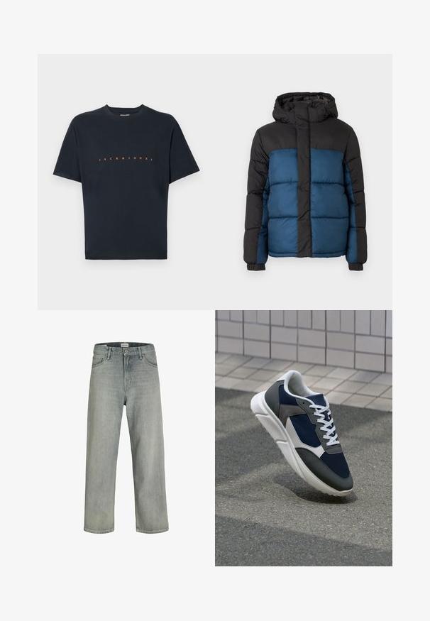 Padded jacket with a black hood and upper section, featuring a blue lower section. The design includes horizontal stitched panels and elastic cuffs.; Black cotton t-shirt featuring short sleeves and a crew neck. Front displays "JACK & JONES" in bold orange lettering. Smooth texture.; Light gray, loose-fitting jeans made of denim. Features a classic five-pocket design, belt loops, and a straight leg silhouette.; Sneaker featuring a navy blue mesh upper, gray suede accents, white rubber sole, and flat white laces, designed for comfort and breathability.