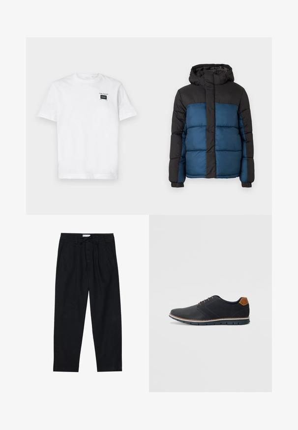 Casaco acolchoado com capuz preto e parte superior, apresentando uma parte inferior azul. O design inclui painéis horizontais acolchoados e punhos elásticos.; T-shirt de algodão branco com decote redondo e mangas curtas. A frente apresenta um pequeno rótulo preto com texto e um design retangular.; Pier One Chinos - black; Sapatos sintéticos pretos com um upper texturizado, pormenores lisos, salto castanho e uma sola contrastante. Apresentam um sistema de atacadores mínimo e detalhes de costura.