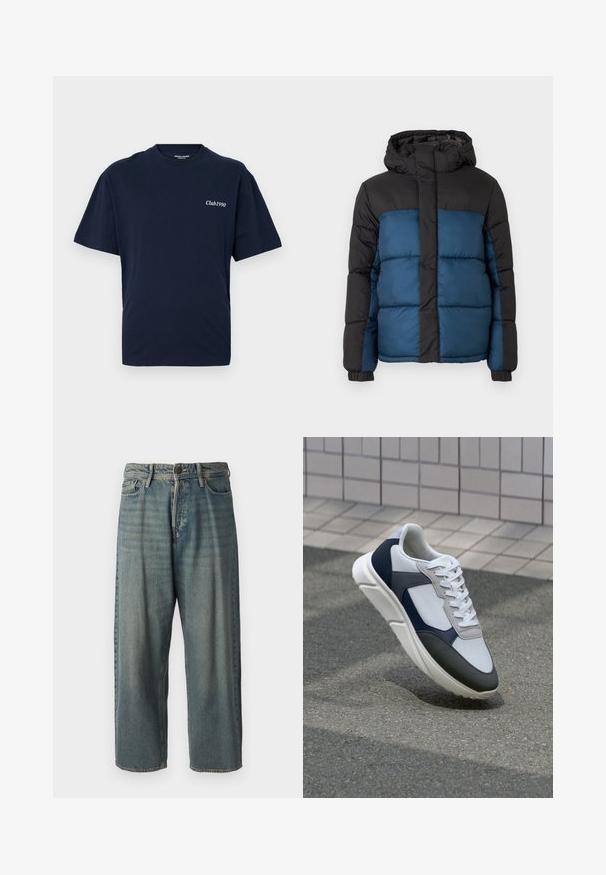 Pehmendatud jakker, millel on must kapuuts ja ülemine osa ning sinine alumine osa. Disain sisaldab horisontaalselt õmmeldud paneele ja elastseid varrukaid.; Tumed sinine puuvillane T-särkk, ümar kaelus ja lühikesed varrukad. Vasakul rinnal on valge "Club1990" tekst. Lihtne disain.; Heledad sinine denim-stiilis teksad, volüümse lõike, keskmise kõrgusega talje ja sirgete säärega. Omab viit taskut, vöökumme ja nööpide sulgemist.; Valge, mereväe sinine ja hall spordijalats, millel on segatud materjalide disain, tekstureeritud ülemine osa, lame pael ja pehme talla.