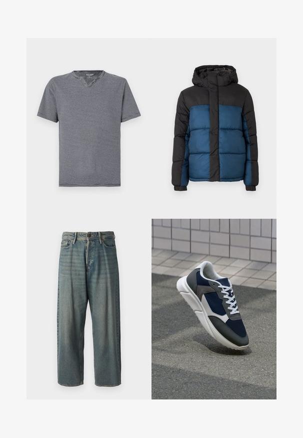 Gepolsterte Jacke mit schwarzer Kapuze und oberem Bereich, der einen blauen unteren Bereich hat. Das Design umfasst horizontal genähte Paneele und elastische Bündchen.; Kurzarm, navyblau-weiß gestreift T-Shirt mit einem runden Halsausschnitt und zwei Knöpfen, gefertigt aus weicher Baumwollware.; Helle blaue Denim-Jeans mit lockerer Passform, mittelhoher Taille und geraden Beinen. Hat fünf Taschen, Gürtelschlaufen und einen Knopfverschluss.; Sneaker mit einem Obermaterial aus navyblauem Mesh, grauen Wildlederelementen, einer weißen Gummisohle und flachen weißen Schnürsenkeln, entworfen für Komfort und Atmungsaktivität.