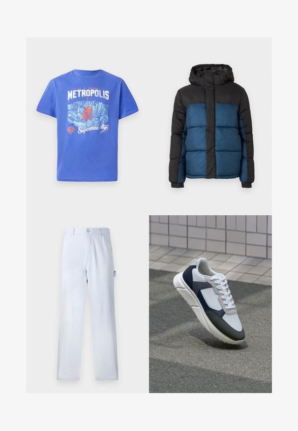 Padded jakna s crnom kapuljačom i gornjim delom, sa plavim donjim delom. Dizajn uključuje horizontalne šivane panele i elastične manžete.; Plava pamučna majica s kratkim rukavima. Ima grafiku skylinea Metropolisa i Supermanov logo u bijeloj i narančastoj boji. Dizajn s okruglim izrezom.; Svijetloplave prugaste hlače od pamuka. Dizajn ravnih nogavica, s prednjim kopčanjem na gumb i bočnim džepovima. Mekana tekstura.; Bijela, mornarsko plava i siva tenisica s dizajnom od miješanih materijala, koja ima teksturirani gornji dio, ravne vezice i udoban đon.