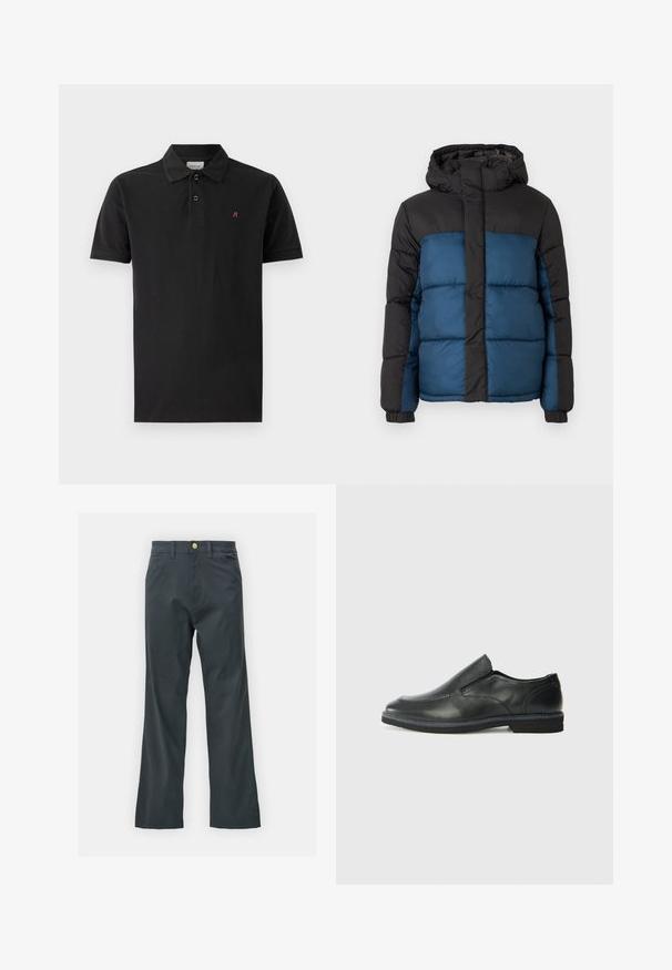 Padded jakna s crnom kapuljačom i gornjim delom, sa plavim donjim delom. Dizajn uključuje horizontalne šivane panele i elastične manžete.; Crna polo majica od pamuka, s dvostrukim dugmadi, kratkim rukavima i malim crvenim logom na lijevoj strani prsiju. Glatka tekstura.; Crne hlače s ravnim krojem, napravljene od tkanine s pamukom. Imaju metalnu dugmad za zatvaranje i bočne džepove. Nema vidljivih uzoraka.; Crne kožne cipele na sklapanje s glatkom gornjom površinom, prošivenim detaljima, zaobljenim vrhom i niskim gumene potplate. Potplat ima minimalne uzorke.