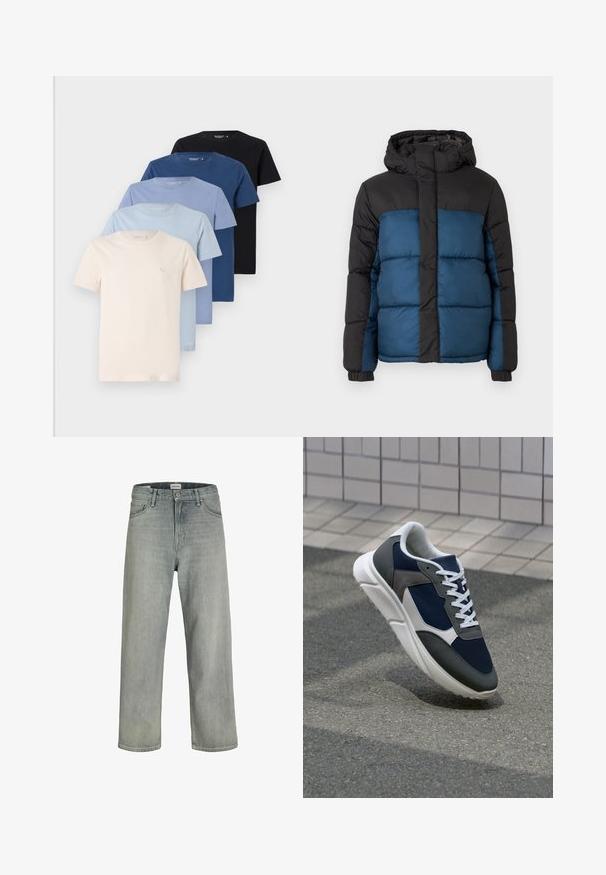 Gevoerde jas met een zwarte capuchon en bovenstuk, met een blauwe onderkant. Het ontwerp heeft horizontaal gestikte panelen en elastische manchetten.; Verzameling van vijf ronde hals t-shirts in tinten van crème, lichtblauw, donkerblauw en zwart, gemaakt van zachte katoen, met een eenvoudig ontwerp.; Lichtgrijze, loszittende spijkerbroeken van denim. Beschikt over een klassiek vijf-pocket ontwerp, riemlussen en een rechte pijp silhoët.; Sneaker met een marineblauwe mesh bovenwerk, grijze suède accenten, witte rubberen zool en platte witte veters, ontworpen voor comfort en ademend vermogen.