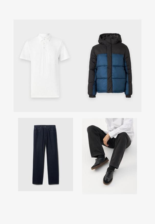 Pehmendatud jakker, millel on must kapuuts ja ülemine osa ning sinine alumine osa. Disain sisaldab horisontaalselt õmmeldud paneele ja elastseid varrukaid.; Valge lühikeste varrukatega polo särk, valmistatud pehmest kangast. Omab kolme nupuga kaelust ja vasakpoolsel rindkeres taskut.; Tumedast sinised sirged teksad viie tasku kujundusega, nööbiga sulgemine ja nähtav õmblus heledal taustal.; Mustad spordijalatsid siledast ja tekstuurilisest ülemisest osast, millel on kummist tald ja tumedad nöörid. Kombineeritud mustade teksade ja valge triibulise särgiga.