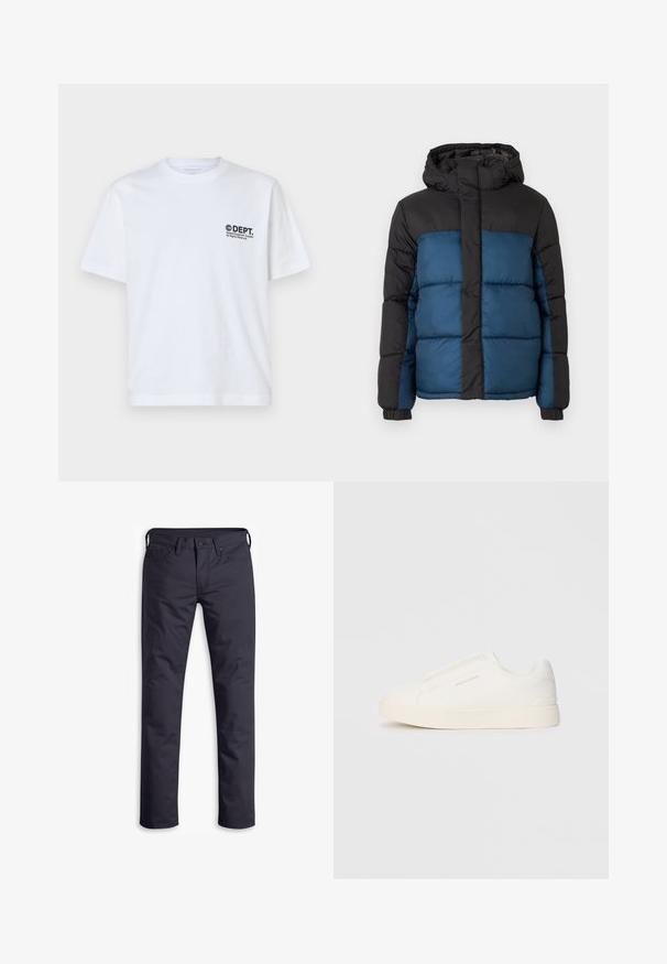 Pehmendatud jakker, millel on must kapuuts ja ülemine osa ning sinine alumine osa. Disain sisaldab horisontaalselt õmmeldud paneele ja elastseid varrukaid.; Valge puuvillane T-särk lühikeste varrukatega, ümmargune kaelus ja väike must trükitud logo vasakul rinnal. Lihtne ja põhjalik disain.; Tumedatest mereväest sinised teksad sirge jala lõikega, valmistatud siledast puuvillakangast. Omab viit taskut ja nööpkinnitust.; Valged libisemiskindlad tossud tekstuuriga pinnaga, paksu tallaga ja minimalistikus disainis. Küljel on brändi logo.