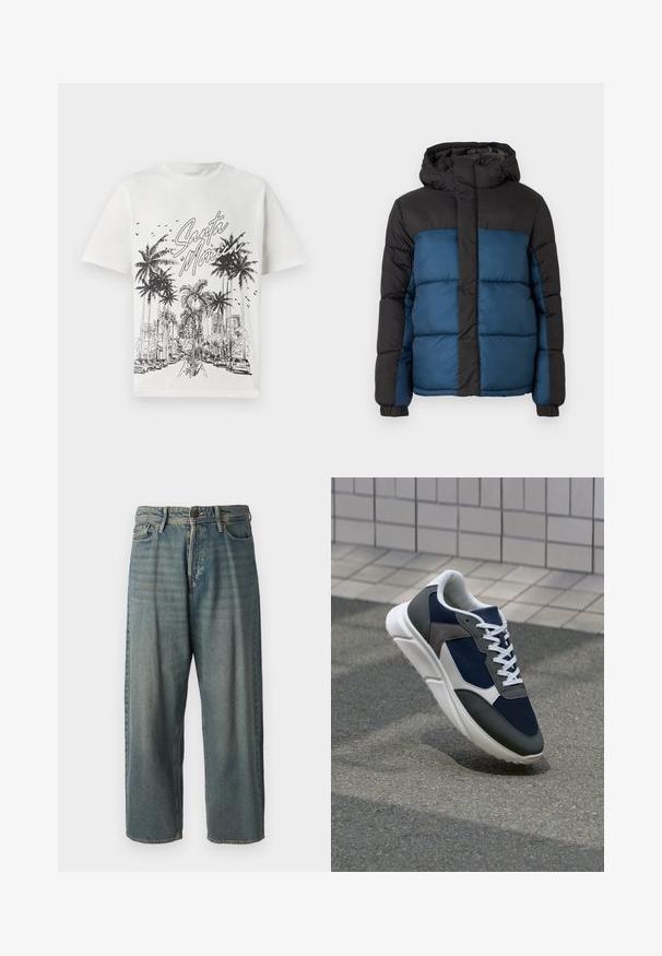 Casaco acolchoado com capuz preto e parte superior, apresentando uma parte inferior azul. O design inclui painéis horizontais acolchoados e punhos elásticos.; T-shirt de algodão branca com uma estampa gráfica preta de palmeiras e a silhueta da cidade rotulada como "Santa Monica". Mangas curtas, gola redonda.; Jeans de ganga azul claro com um corte solto, cintura média e pernas retas. Apresenta cinco bolsos, passadores de cinto e fecho com botão.; Sapatilha com parte superior em malha azul-marinho, detalhes em camurça cinza, sola de borracha branca e atacadores brancos planos, projetada para conforto e respirabilidade.