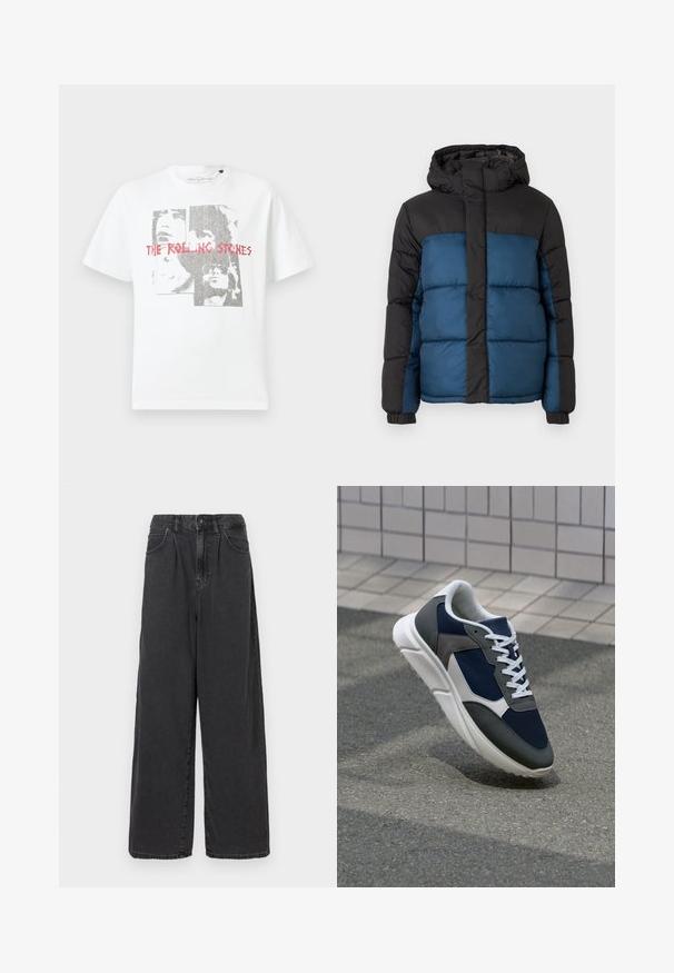 Casaco acolchoado com capuz preto e parte superior, apresentando uma parte inferior azul. O design inclui painéis horizontais acolchoados e punhos elásticos.; T-shirt de algodão branco com uma impressão gráfica de rostos e o texto "THE ROLLING STONES" em vermelho. Gola redonda e mangas curtas.; Calças de ganga pretas de perna larga e cintura alta, com fecho frontal de botão e zipper, apresentando bolsos laterais e uma textura suave.; Sapatilha com parte superior em malha azul-marinho, detalhes em camurça cinza, sola de borracha branca e atacadores brancos planos, projetada para conforto e respirabilidade.