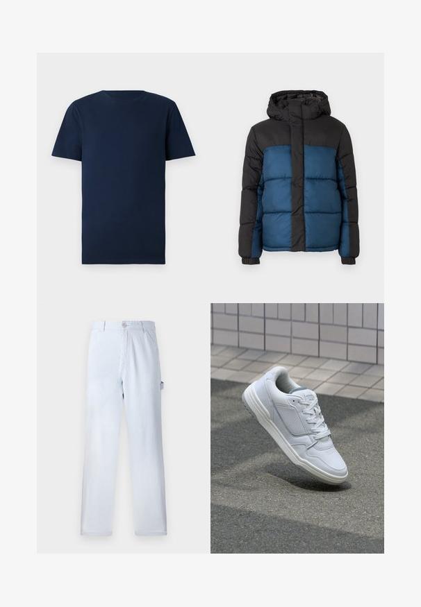 Párnázott kabát fekete kapucnival és felső résszel, kék alsó résszel. A dizájn vízszintesen varrott panelekből és elasztikus mandzsettákból áll.; Sötétkék pamut póló rövid ujjakkal, kerek nyakkivágással és normál szabással. Sima textúra, minta vagy látható fém részek nélkül.; Világoskék csíkozott nadrág, pamutból készült. Egyenes szárú fazon, elülső gombos záródással és oldalsó zsebekkel. Puha tapintású.; Fehér bőr sneaker perforált oldalakkal, texturált részletekkel, lapos fűzőkkel és kontrasztos szürke sarokkal. Enyhén megemelt talppal rendelkezik.