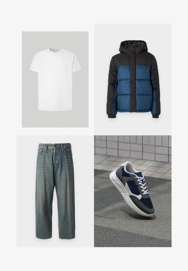 Padded jacket z czarnym kapturem i górną częścią, charakteryzująca się niebieską dolną częścią. Projekt zawiera poziomo przeszywane panele oraz elastyczne mankiety.; Biała bawełniana koszulka z krótkim rękawem i okrągłym dekoltem. Posiada subtelne logo w jaśniejszym odcieniu na piersi. Gładka tekstura, klasyczny krój.; Jasnoniebieskie dżinsy o luźnym kroju, średnim stanie i prostych nogawkach. Posiadają pięć kieszeni, szlufki na pasek oraz zapięcie na guzik.; Sneakers z granatową siateczkową cholewką, szarymi zamszowymi akcentami, białą gumową podeszwą i płaskimi białymi sznurówkami, zaprojektowane z myślą o komforcie i wentylacji.