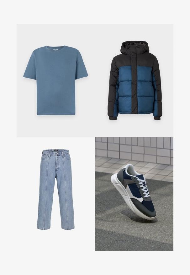 Padded jacket with a black hood and upper section, featuring a blue lower section. The design includes horizontal stitched panels and elastic cuffs.; Round-neck short-sleeve t-shirt in soft blue cotton. Features a relaxed fit and stitched hem detailing. No patterns or additional accents.; Light blue denim jeans with a loose fit, wide legs, and visible stitching details. Features a button and zip fly closure, five pockets.; Sneaker featuring a navy blue mesh upper, gray suede accents, white rubber sole, and flat white laces, designed for comfort and breathability.