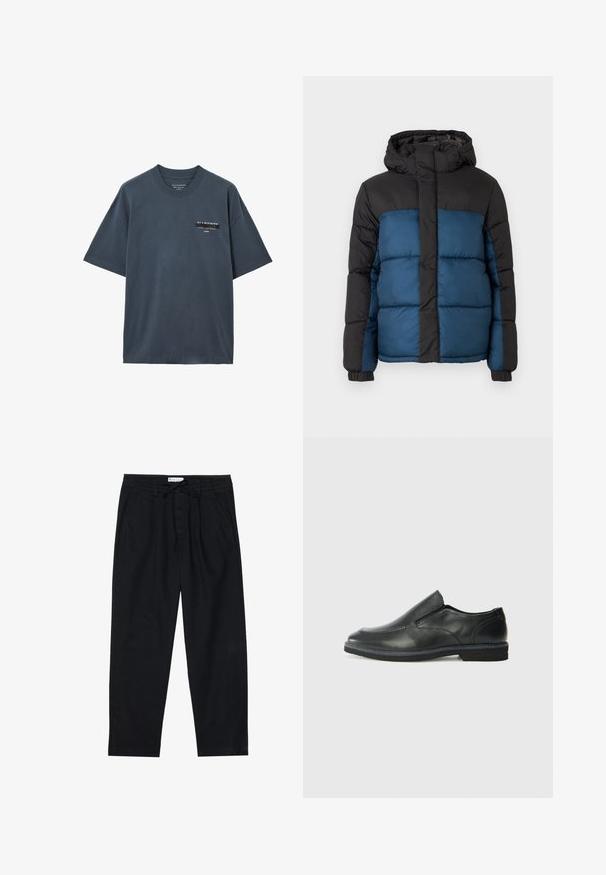 Pehmendatud jakker, millel on must kapuuts ja ülemine osa ning sinine alumine osa. Disain sisaldab horisontaalselt õmmeldud paneele ja elastseid varrukaid.; Tumehall lühikese varrukaga crewneck T-särk, millel on väike valge ja must AllSaints logo ning tekst vasakul ülaosas rinnal.; Pier One Chino-püksid - black; Must musta laia suuga king, millel on sile ülemine osa, õmmeldud detailid, ümmargune nina ja madal kummist konts. Tallal on minimaalne mustr.