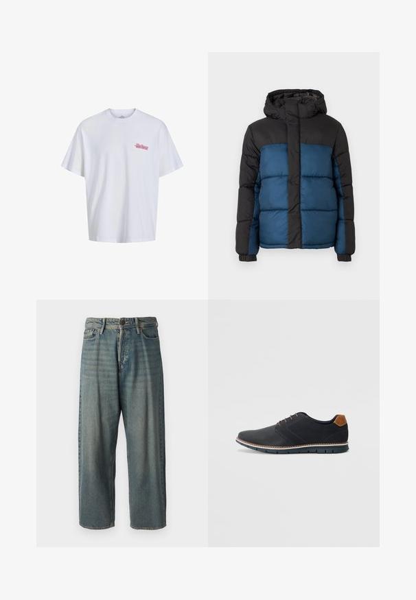 Podložena jakna s črno kapuco in zgornjim delom ter modrim spodnjim delom. Oblikovanje vključuje horizontalno šivane panele in elastične manšete.; Bela bombažna majica s kratkimi rokavi, okroglo izrezana, z manjšim roza grafičnim motivom na levem prsnem delu. Gladka tekstura, sproščen kroj.; Svetlomoderne kavbojke z ohlapnim krojem, srednjim pasom in ravnimi nogami. Imajo pet žepov, zanke za pas in zapiranje na gumb.; Črne sintetične čevlje z teksturirano zgornjščino, gladkimi akcenti, rjavim petnim delom in kontrastnim podplatom. Imajo minimalno vezanje in detajle šivanja.